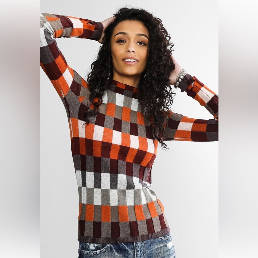 Gilded Intent Orange, Brown & Gray Checker Knit Top.